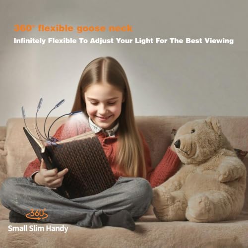 Image of VAVOFO Rechargeable Book Light for Reading in Bed Kids, 7 LED Reading Light with 9-Level Warm Cool White Daylight, Eye Care Lamp with Power Indicator for Bookworms (Metallic Grey)