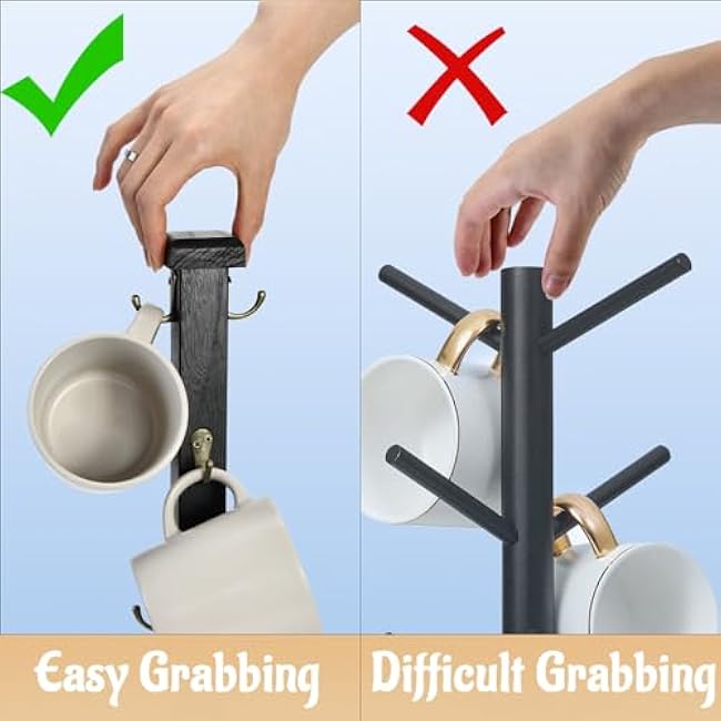 EMASON Coffee Mug Tree Stand Solid Wood Holder for 6 Mugs Black