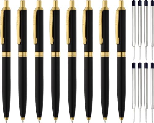 8 Pack Ballpoint Pens, Premium Retractable Metal Ballpoint Pen, Medium Point 1.0mm Black Ink Pen for Home School Work Office Supplies, Matte Black with Gold Trim, Extra 8 Refills
