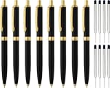 LINFANC 8 Pack Ballpoint Pens, Premium Retractable Metal Ballpoint Pen, Medium Point 1.0mm Black Ink Pen for Home School Work Office Supplies, Matte Black with Gold Trim, Extra 8 Refills