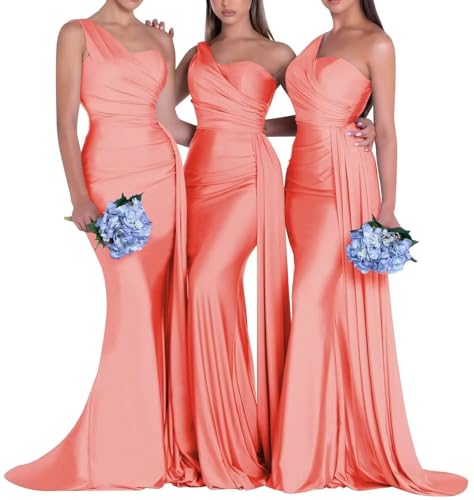 Image of One Shoulder Bridesmaid Dresses for Wedding Long Satin Bodycon Prom Dress Mermaid Formal Evening Gowns