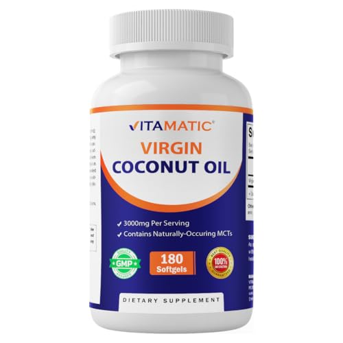 Vitamatic Virgin Coconut Oil Softgels 3000 mg Per Serving 60 Servings 180 Count Non-GMO Gluten Free