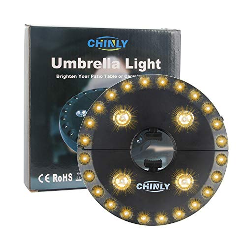 CHINLY Patio Umbrella Light Warm White 3 Brightness Modes Cordless 28 LED at 200 lumens- 4 x AA Battery Operated,Umbrella Pole Light for Patio Umbrellas,Outdoor Use, Or Camping Tents
