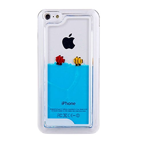 Case iphone 5C, Creative flow Liquid Dolphins Case&Dynamic Quicksand Transparent Hard Case Cover For Apple iPhone 5C Tropical Fish-Blue