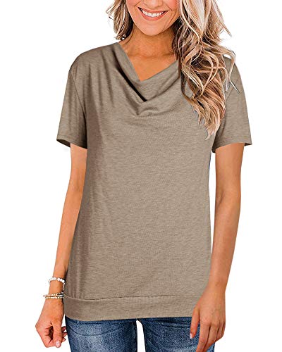 Womens Summer Short Sleeve Tops Cowl Neck Casual Loose Plain Workout T-Shirts Basic Tunic Tees Khaki