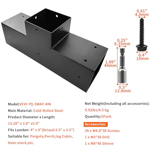 Pergola DIY Kit,2 Pcs 3-Way T-Angle Corner Brackets Elevated Wood Stand with Screws for 4"x4"(Inner Size:3.5"x3.5") Wood Beams,Pergola,Garden,Lumber&Metal Gazebo…