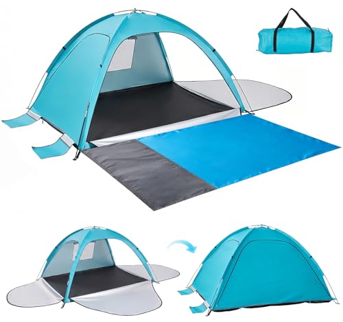 RYNZELA Beach Tent Sun Shelter with Extended Sand Mat - UPF 50+ UV Protection,3 Doors Easy Set up Beach Shade Tent, Portable Beach Cabana for 3-4 Person