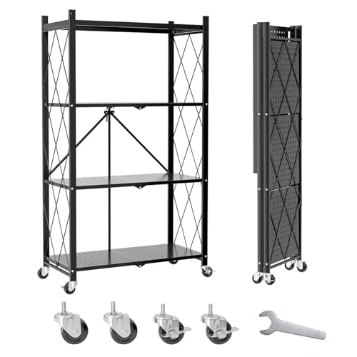 Image of 4 Tier Foldable Metal Storage Shelves on Wheels No Assembly