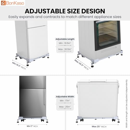 Image of BonKaso Adjustable Heavy Duty Appliance Stand with Wheels & Anti-Slip Pads | Steel Frame Trolley for Washing Machine, Refrigerator & Dishwasher | Load Capacity 200 Kg (50x43x12.5 cm) Grey