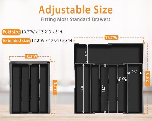 Homecor Silverware Organizer - Upward-Expandable Kitchen Drawer Organizer Utensil Holder, BPA Free Flatware and Cutlery Tray for Spoons Forks Knives, Plastic Kitchen Organizer and Storage, Black