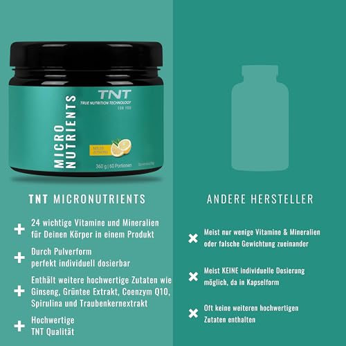 TNT Multivitamin Pulver mit 24 Vitaminen & Mineralien (360g) • Vitamin Komplex mit Grüntee Extrakt, Spirulina & Coenzym Q10 • Micronutrients (Mild Lemon)