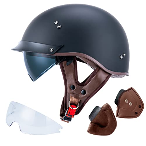 Myamis Half Helmet Motorcycle Men Women Adults Dot Approved Vintage Half Face Helmet With Additional Clear Visor And Ear Pads Mh107 (M, Matte Black+Clear Visor+Ear Pads) #TOP13