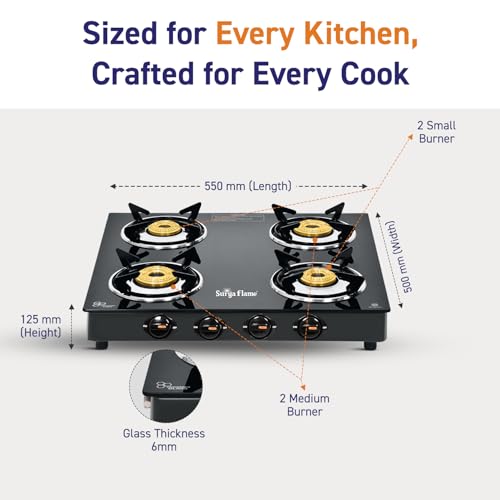 Image of Surya Flame Splendor 4 Burner Gas Stove | Toughened Glass Top | Brass Burners | Durable Brass Valve | Fuel Efficient 69%+ | Black