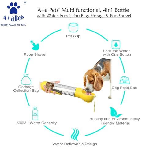Image of A+a Pets' Set of 3 Water Bottle(500ml), Dry Shampoo(250ml), Microfiber Towel | Quick Clean | Travel | Poo Bags | Treats | Easy to Carry | Combo Gift for Dogs & Cats