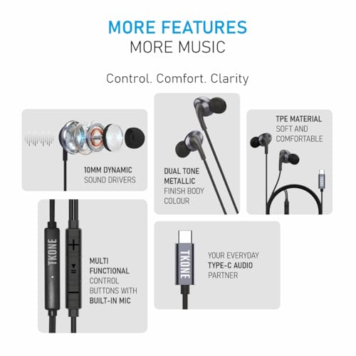Image of TKONE Aerobuds Type C Wired Earphones with in-Line Microphone & Controls, 10mm Drivers, Deep Bass in-Ear Earbuds, USB C Earphones with Noise Isolation & HD Sound (Black)