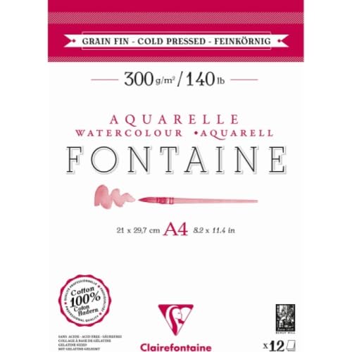 Lot de 5 Bloc encollé de 12 feuilles de papier aquarelle Fontaine grain fin, 300 g/m², A4