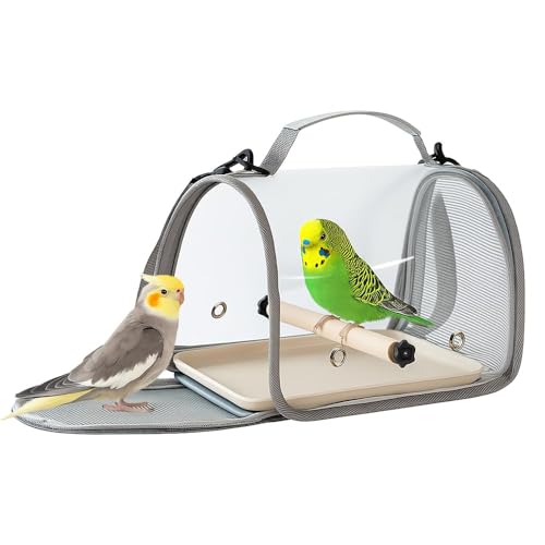 Transportín para Aves, Mochila para Aves Portátil y Plegable con Red Transparente, Posa y Bandeja, Transpirable para Periquitos, Loros y Animales Pequeños