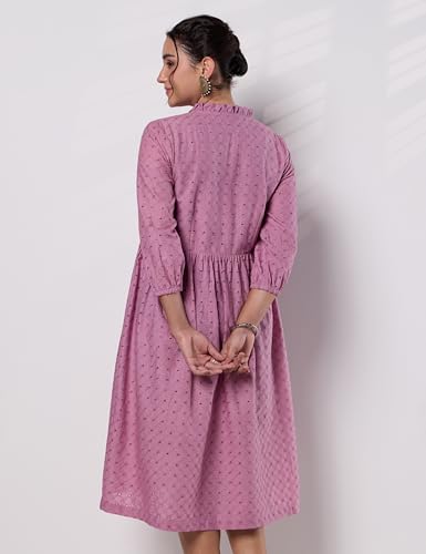 Image of Amazon Brand - Myx Women's Schiffli Embroidery Ethnic Dress | Fit and Flare | Knee Length (Available in Plus Sizes)