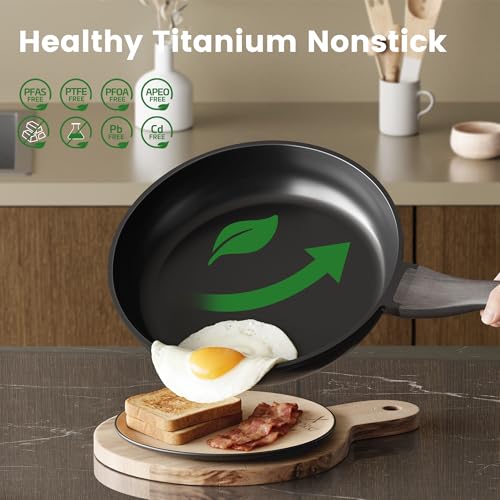 Image of Nonstick Cookware Set, Titanium Coating Pan Set, Induction Cookware Oven Safe RV Kitchen Set, PFAS PFOA & PTFE Free, (8+11Inch with Lid)