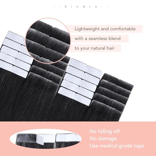 Image of Sindra Invisi Edge Tape in Hair Extensions Human hair Jet Black 16inch | Invisible Seamless Hair Tape in Extensions, 20pcs 45g /pack for Women, Adding Length and Volume