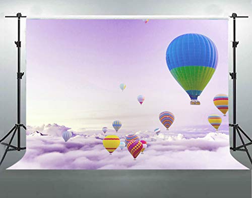 Hot Air Balloons Backdrop for Party, 7x5ft Soft Cotton, Clouds Purple Dreamlike Fansaty