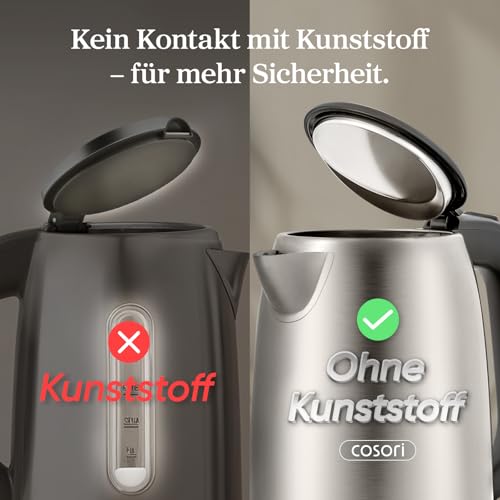 COSORI Wasserkocher Edelstahl mit 1,7 L | 2200W | Kein Kunststoffkontakt | LED Beleuchtung | 360° drehbarer Sockel | Große Öffnung | Trockengehschutz | Strix-Technologie | Silber-schwarz