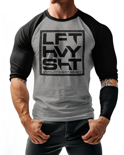 Gymish Lifestyle LFT HVY SHT Raglan Workout Shirt Inspirational Muscle Gym 3/4 Sleeve Mens T-Shirts (LFT HVY SHT Grey-XL)