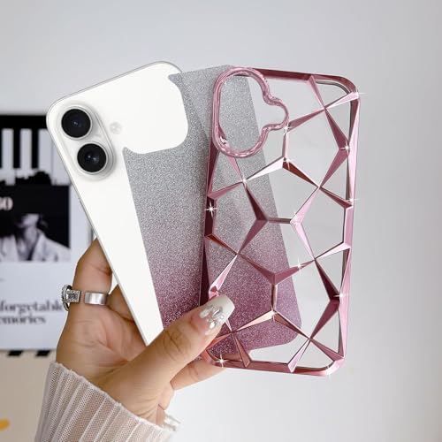 Image of VONZEE Gradient Glitter Case for iPhone 16 Plus, Luxury Electroplated 3D Cube, Diamond Bling Shiny Soft TPU Clear Shockproof Women Girls Protective Phone Cover (Rose Gold)