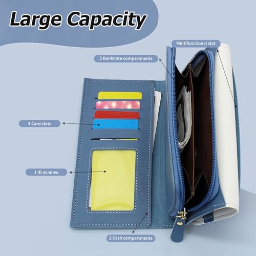 Women Wallets, PU Leather Long Trifold Wallet with Bowknot, Large Capacity Clutch Wallet with Multi Card Slots (Blue)4