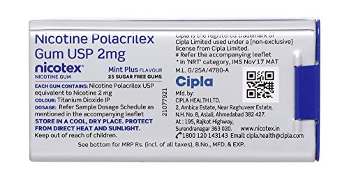Image of Cipla Nicotex Nicotine Gum 2mg Tin, Mint Flavor, Sugar Free, Quit smoking (25gums*3 packs)