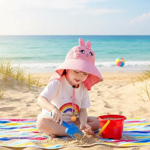 Image of SYGA Children's Cute Pink Bunny Sun Hat UPF 50+ Wide Brim UV Protection Bucket Hat, Lightweight Breathable Summer Beach Fishing Hat for 3-10 Years Boys & Girls