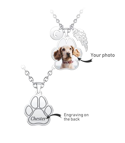 CharmSStory Pet Memorial Dog Paw Print Personalized Photo Necklaces Custom Engraved Name Necklace Memory Keepsake Picture Necklace Customized Pendant for Women Men