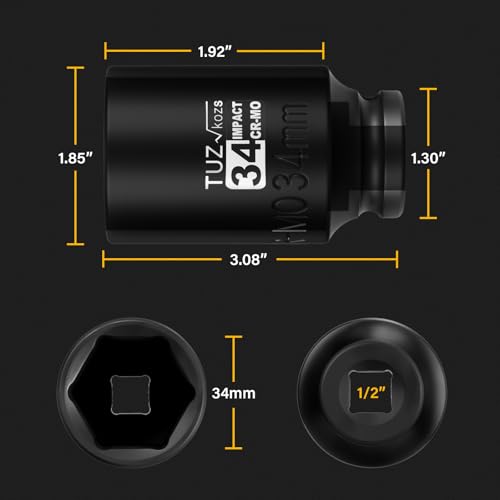 Image of 1 /2 Inch Drive 34mm Deep Metric Impact Socket,CR-MO,6 Point Radius Corner Design,Square Chamfered Opening,Axle Nut Impact Grade Socket for Easy Removal
