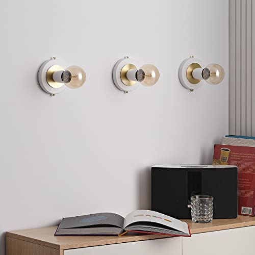 Image of BRIGHTTIA Luna Uno 1-Light Wall Sconce - Mid Century Industrial Modern Flush Mount Fixture for Wall & Ceiling - Minimalist Lamp for Bathroom and Small Spaces - White & Gold (BC0026-1WG)
