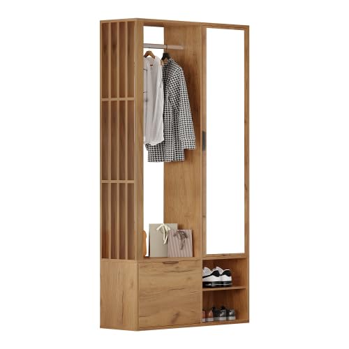 kozamas Armoire vestiaire avec miroir et séchoir à linge - 6 en 1 - Couleur bois - Avec 9 espaces de rangement et porte rabattable - Étroite - 100 x 33 x...