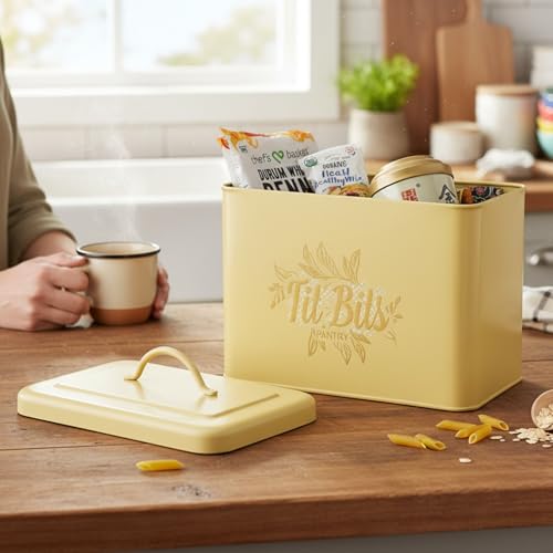 Image of Elan Pantry Organizer for Kitchen Storage | Pantry Organiser Box | Large Metal Kitchen Storage Bin with Lid | Multipurpose Food Storage Container for Kitchen (Tit Bits, Daisy Yellow) 5000 ml