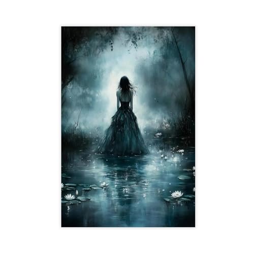 MGHDGD Poster su tela con donna che cammina nel lago Dark Academia, decorazione per camera da letto, ufficio, camera da letto, regalo, 30 x 45 cm