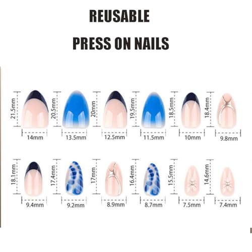 Image of Blue Press on Nails French Tip Fake Nails Short Almond False Nail with Alligator Print Design Blue Ombre Glue on NailsAcrylic Nail Full Cover Silver Star Stick on Nail for Women Manicure 24Pcs