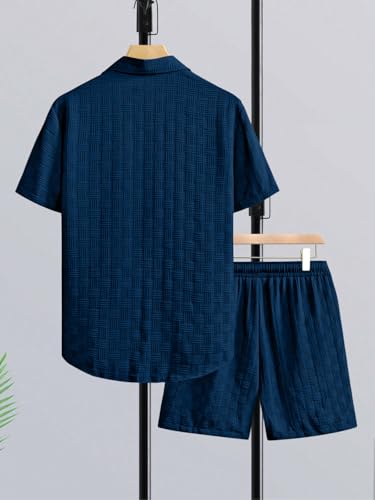 Image of GRECIILOOKS Men'S Summer Casual Two Piece Outfit, Textured Button Down Shirt and Shorts Set, Lightweight Poly Blend Co-Ord for Beach, Travel & Lounge Wear