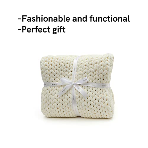 YnM Velvet Weighted Blanket, Handmade Chunky Knitted Design, Soft and Cozy, Temperature Regulating and Breathable, Machine Washable Throw for Sleep or Home Decor (Cream, 60x80 Inch, 20lbs)