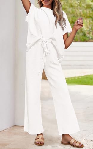 Image of PRETTYGARDEN 2 Piece Outfits For Women Casual Tracksuit Short Sleeve Tops And Wide Leg Long Pants Matching Lounge Sets