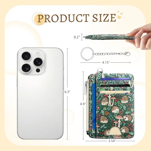 Image of Kelvoris Cute Hedgehog Credit Card Holder, Small Wallet Women, Slim RFID | Keychain, Zipper Coin Pocket, Front Pocket Thin Travel Card Case, Minimalist, 6 Card Slots, 1 ID Window, Ladies Gifts Woman