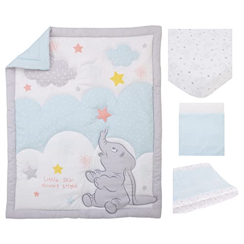 Image of Disney Dumbo Shine Bright Lil Star Light Blue, Gray, and White Stars and Clouds 4 Piece Nursery Crib Bedding Set - Comforter, Fitted Crib Sheet, Changing Pad Cover, and Crib Skirt