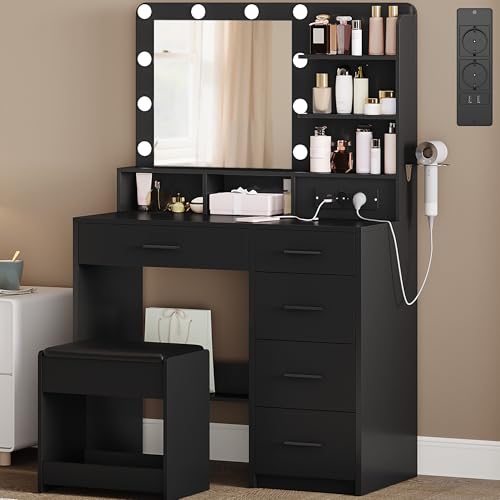 Hzuaneri Coiffeuse avec 10 Globes Lumineux LED, 3 Couleurs, Coiffeuse avec Prise Et Grand Miroir,...