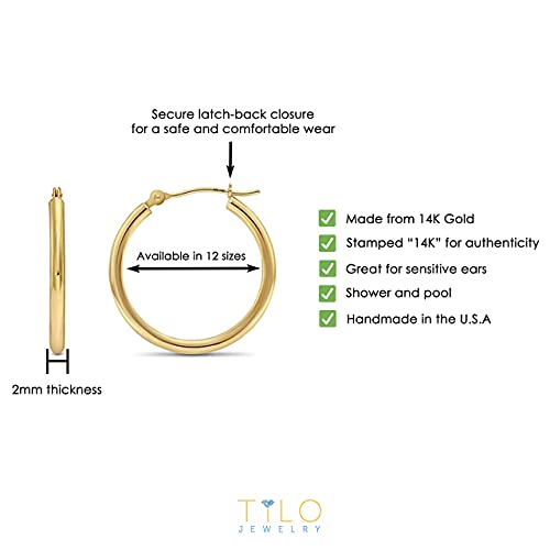 14k Yellow Gold 2mm Tube Polished Round Hoop Earrings, 18mm (0.7 inch Diameter)