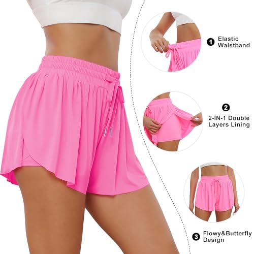 2 in 1 Flowy Athletic Shorts for Women - Gym Double Layer Butterfly Shorts Pack2