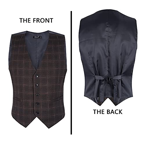 Alizeal Mens Plaid Business Suit Vest V-Neck Regular Fit Checked Tuxedo Waistcoat, Burnt Brown-L #TOP3
