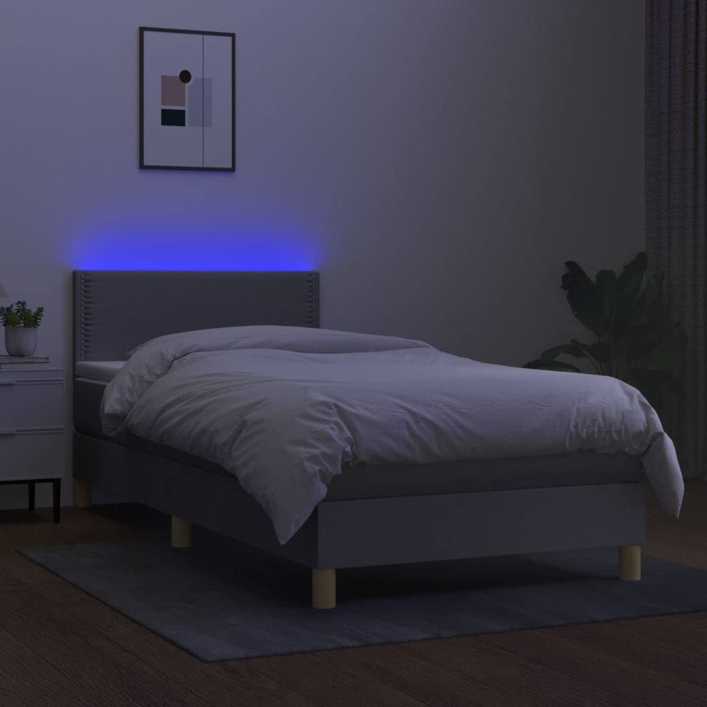 Cama con somier LED, 90 x 200 cm, tela gris claro, cabecero de altura ajustable, colchón de muelles ensacados para dormir, jóvenes, habitaciones de invitados
