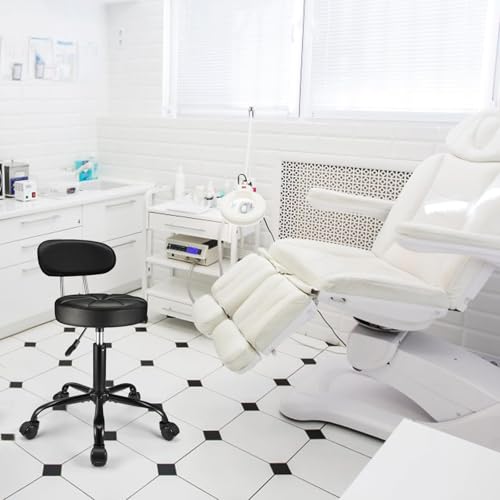 Image of PU Leather Rolling Stool with Back Support Height Adjustable Swivel Stool Chair with Wheels Drafting Chair for Spa Slaon Massage Stable Base Foot Black