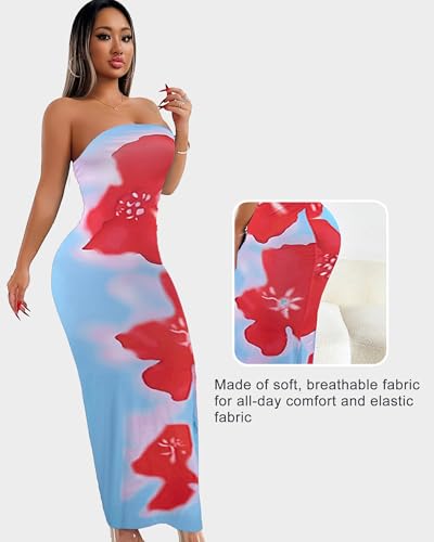 Image of Sliot Floral Print Strapless Bodycon Maxi Dress - Sexy Summer Beach Dress for Women, Tropical Vacation Sundress, Club Party